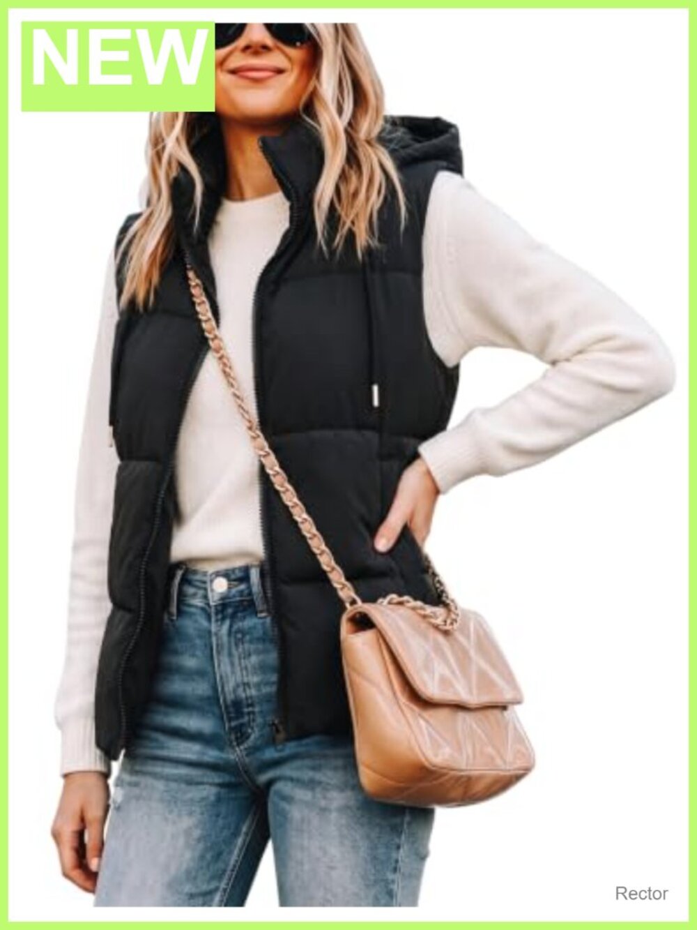 Quilted Puffer Vest Removable Hood Sleeveless Full Zip